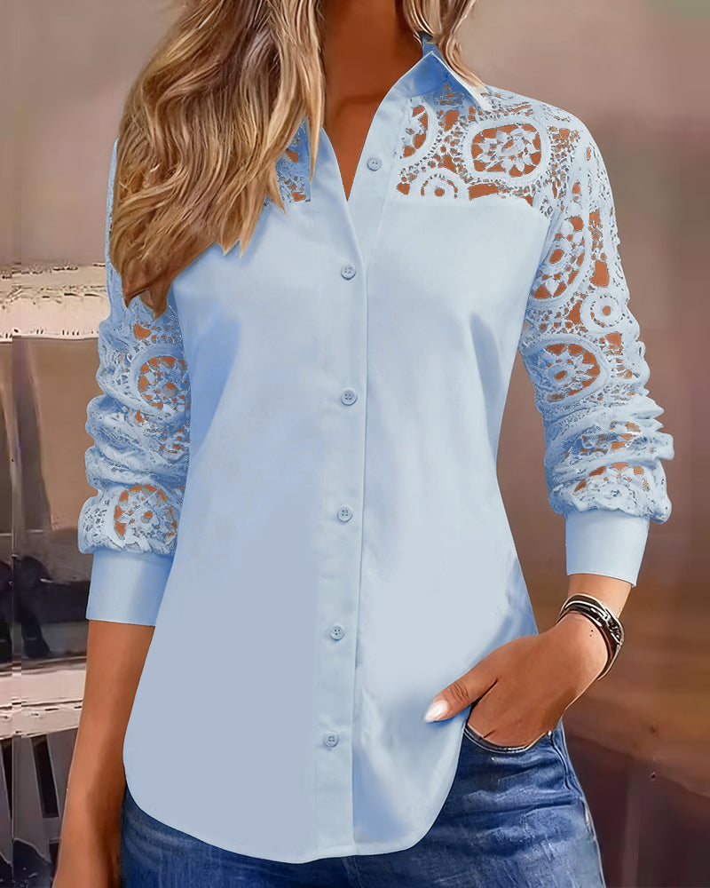 Solid Color Lapel Lace Patchwork Blouse