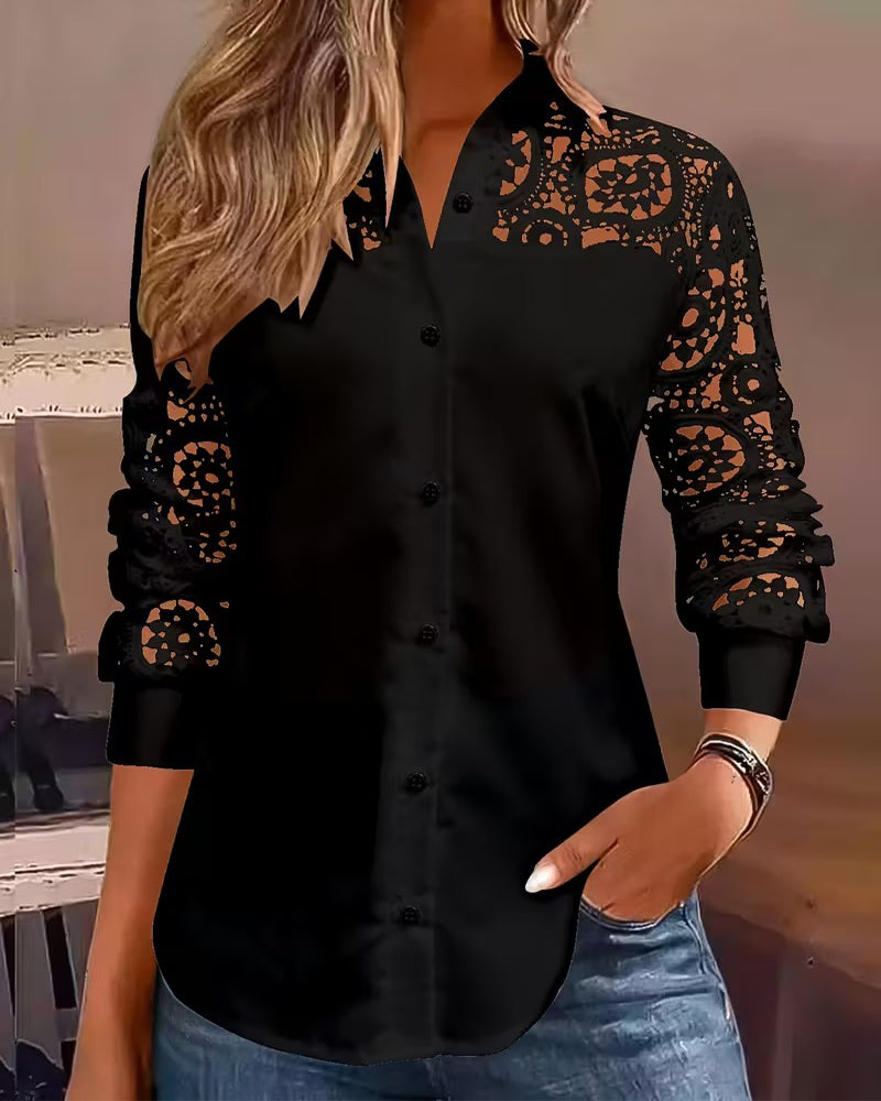 Solid Color Lapel Lace Patchwork Blouse