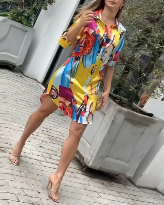 Lapel colorful printed casual dress