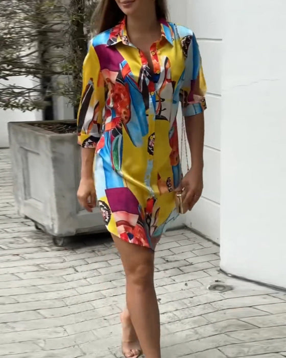 Lapel colorful printed casual dress
