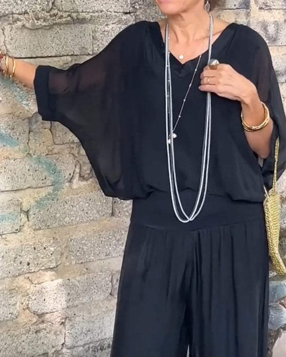 Solid color V-neck casual two-piece suit