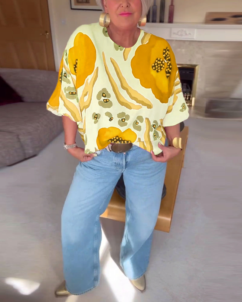 Round neck printed half-sleeve casual top