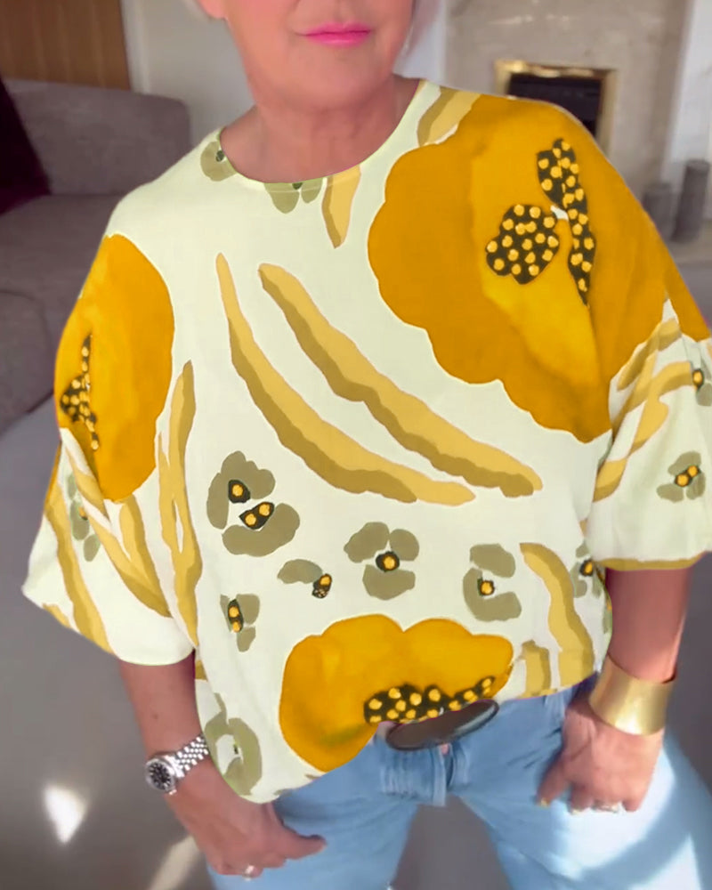 Round neck printed half-sleeve casual top
