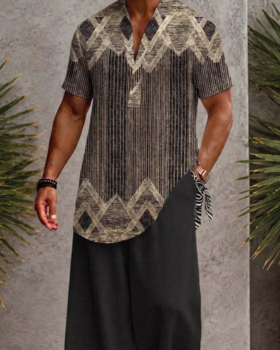 V-Neck Striped Men's Short Sleeve Blouse