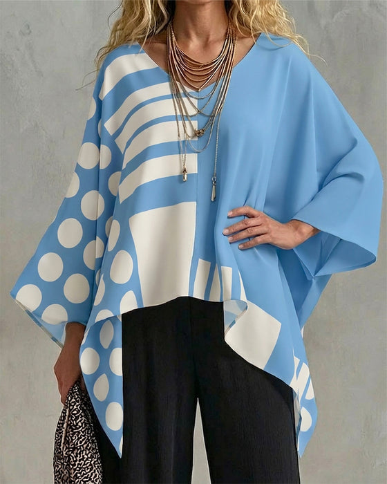 Polka Dot Stripe Patchwork V Neck Blouse