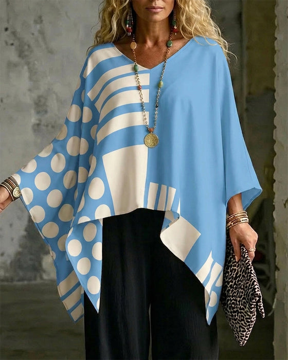 Polka Dot Stripe Patchwork V Neck Blouse