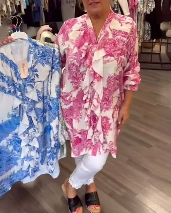 Gentle printed ruffle casual blouse