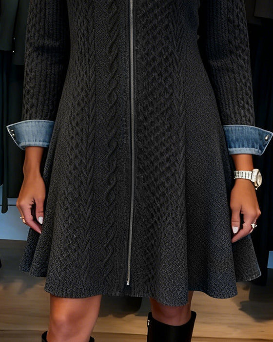 Zippered Color-Blocked Lapel Dress