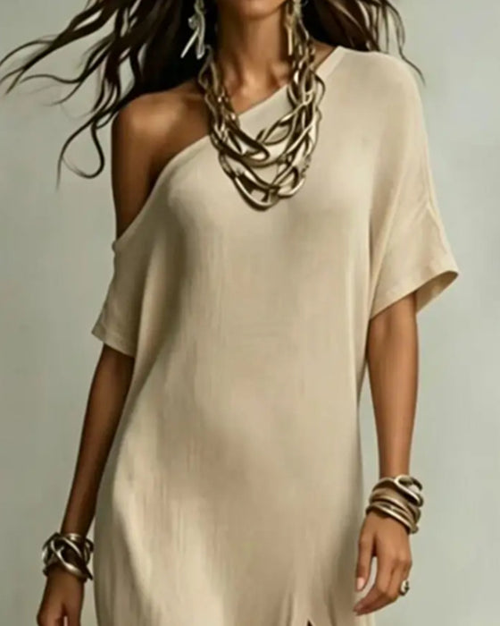 Off-Shoulder Slit Batwing Sleeve Dress