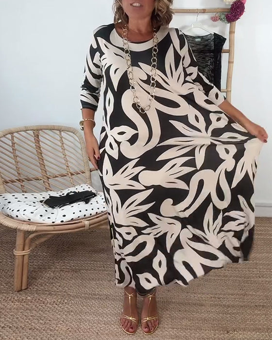 Round Neck Long Sleeve Printed Dress