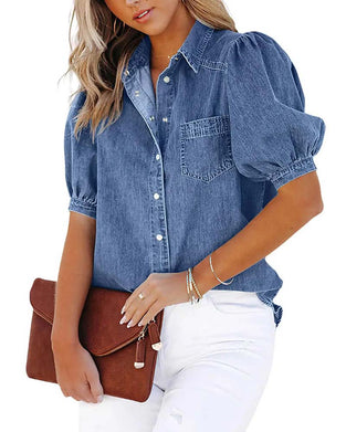 Snap Button Denim Lantern Sleeve Loose Shirt