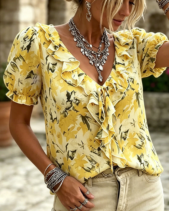 V-Neck Ruffle Bubble Sleeve Blouse