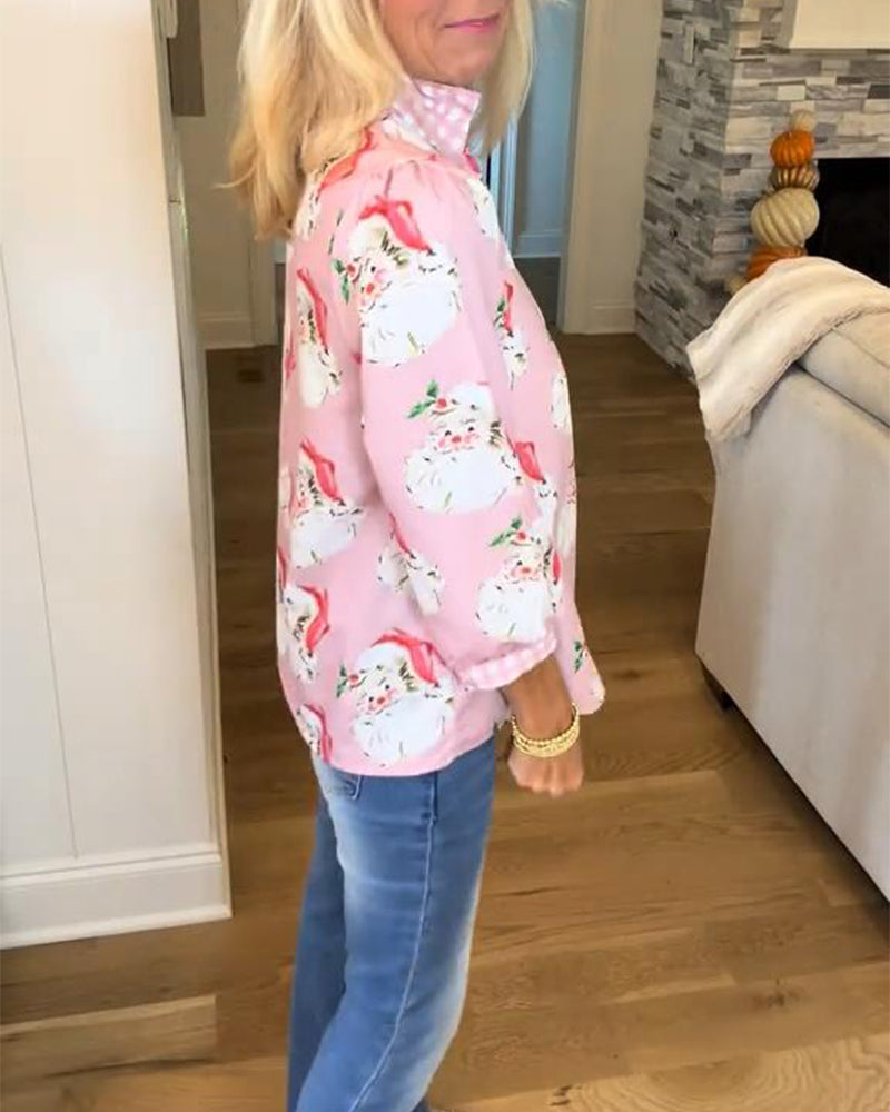 Santa Claus Print V-Neck Shirt