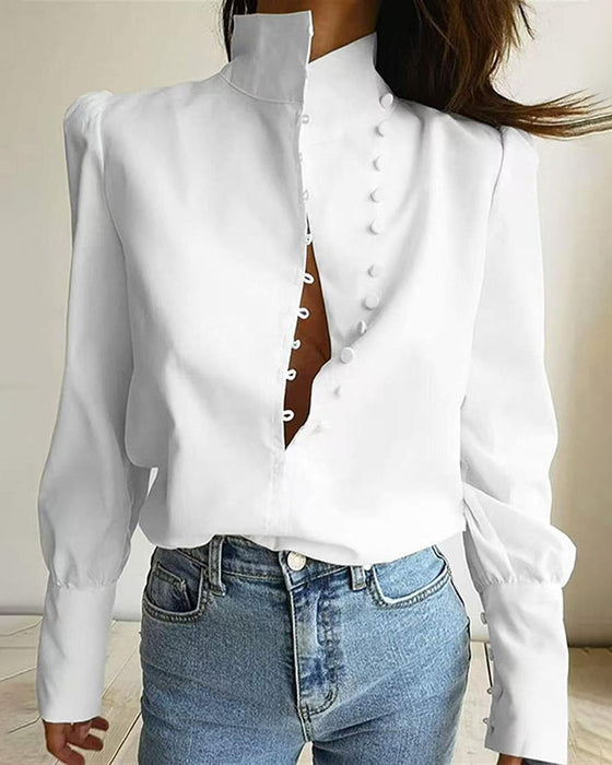 Stand Collar Button-Up Long-Sleeve Blouse