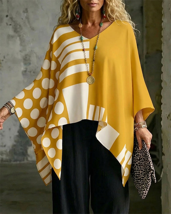 Polka Dot Stripe Patchwork V Neck Blouse