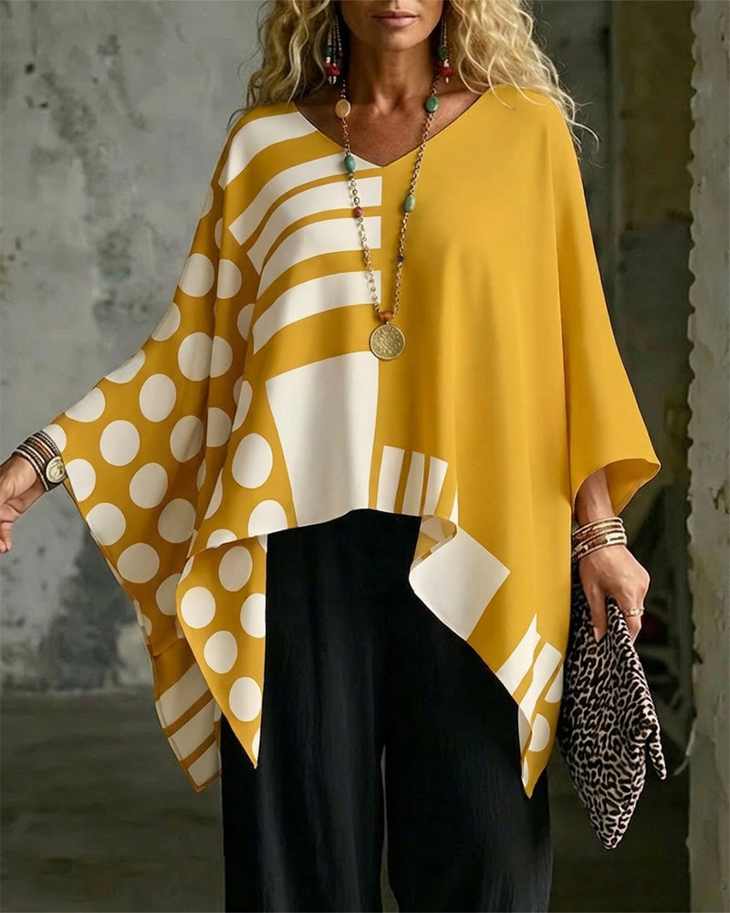 Polka Dot Stripe Patchwork V Neck Blouse