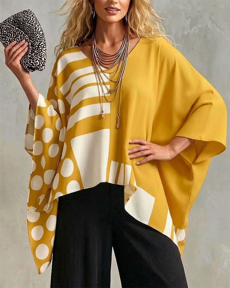 Polka Dot Stripe Patchwork V Neck Blouse