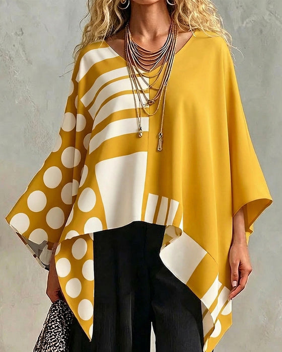 Polka Dot Stripe Patchwork V Neck Blouse