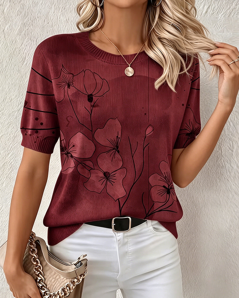Printed Short-Sleeve Knitted Jumper