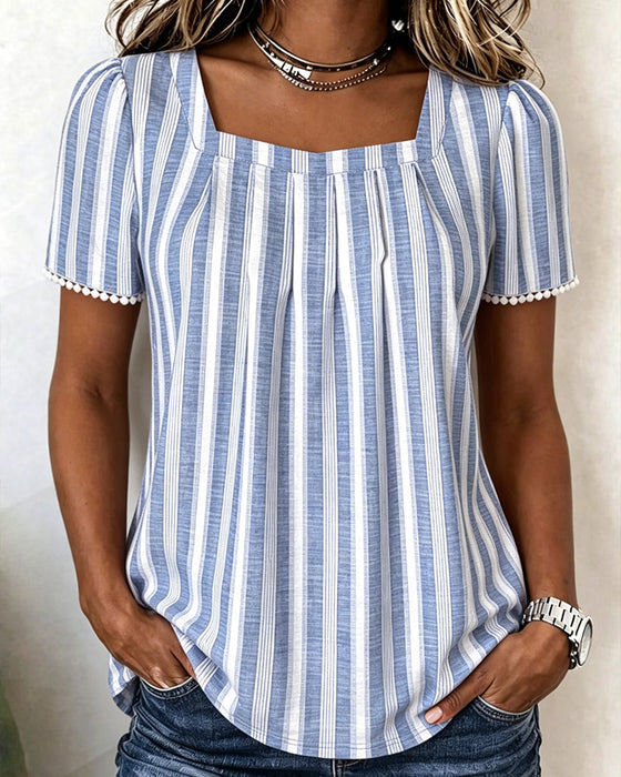 Striped Square-Neck Short-Sleeve Blouse