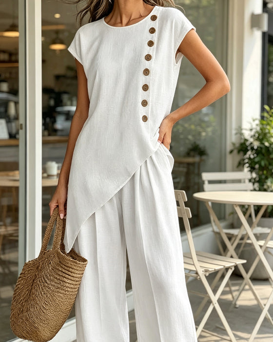 Round Neck Solid Color Two-Piece Set