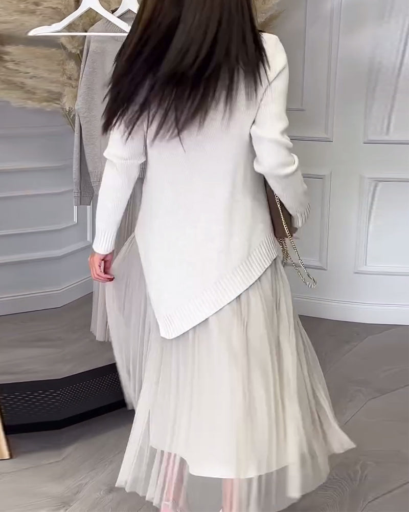 Crew Neck Irregular Pullover And Skirt Two-Piece Set