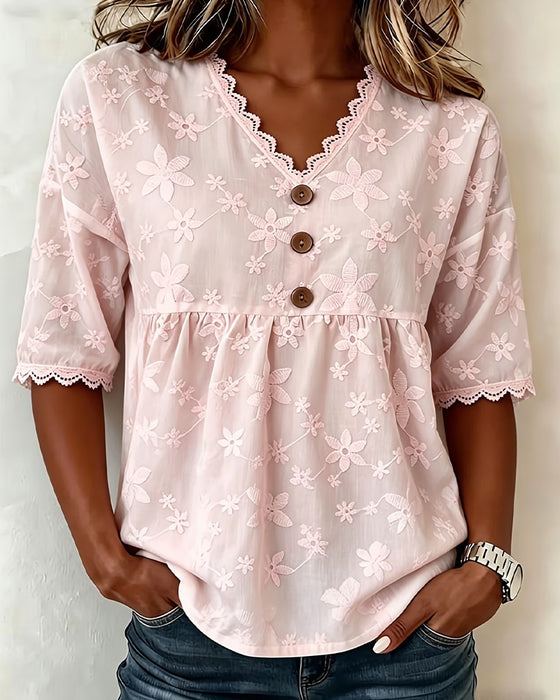 Three-Dimensional Flower V-Neck Half Sleeve Blouse