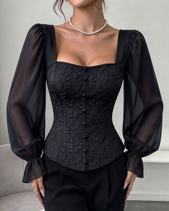 Square Collar Button Ruffle Blouse