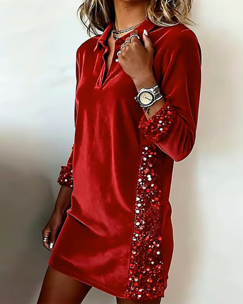 Lapel Velvet Sequin Shift Dress