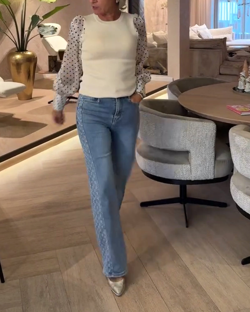 Polka Dot Lantern Sleeve Patchwork Blouse