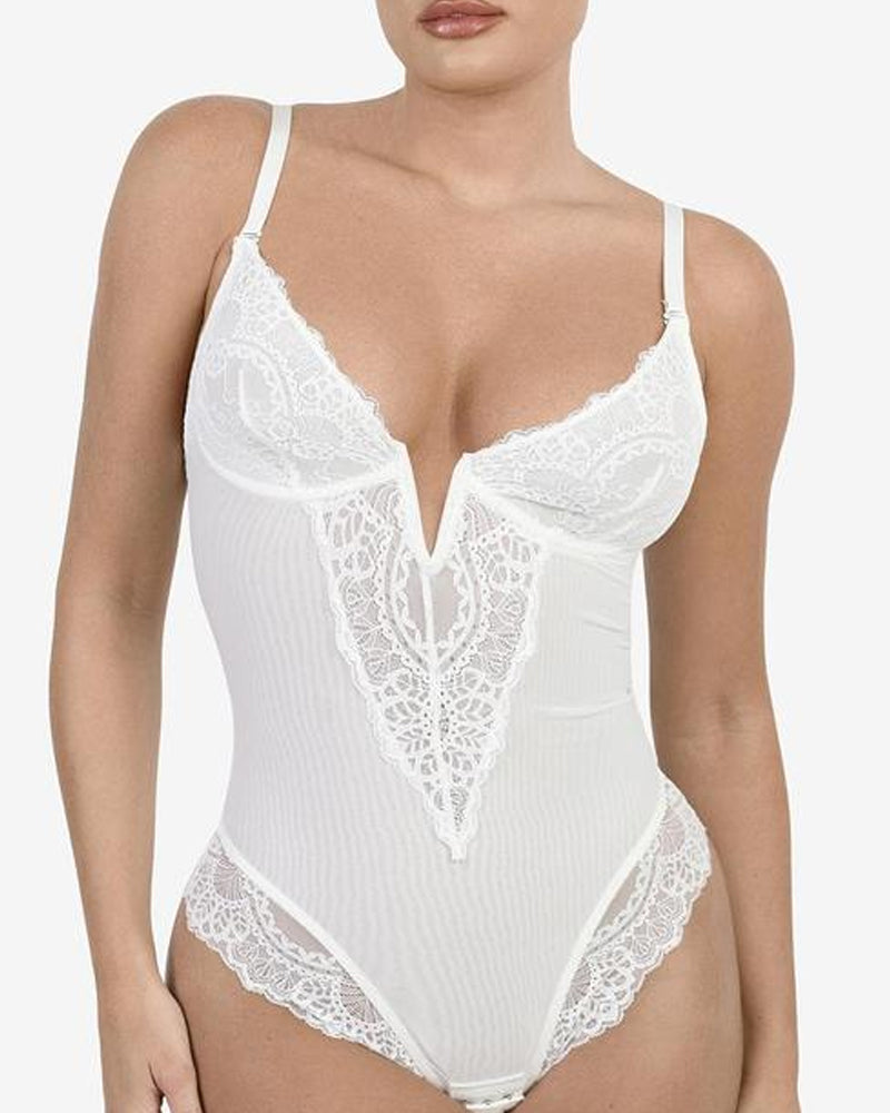 Deep-V Neck Lace Shapewear Bodysuit