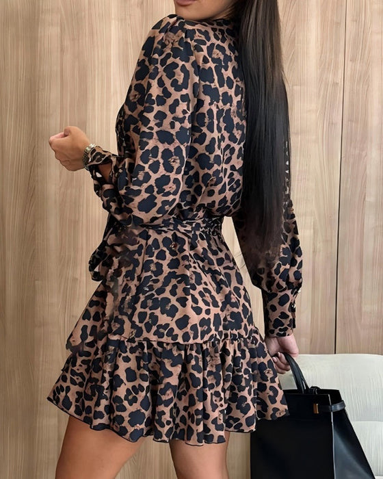 💖Black-Friday-Mega-Deal💖Leopard Print Wrap Dress With V-Neck And Waist Belt