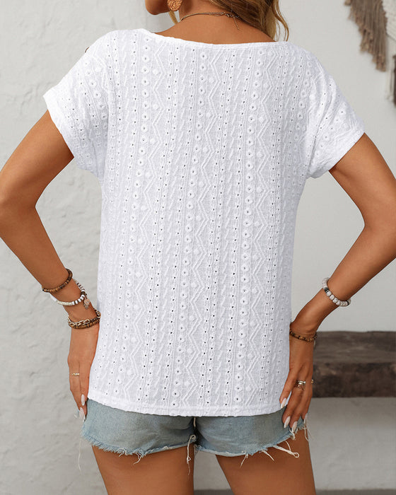 Round Neck Button Cutout Short Sleeve Blouse