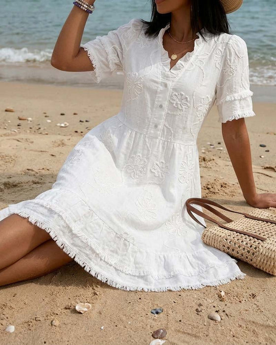Stand Collar Half Placket Fringe Dress