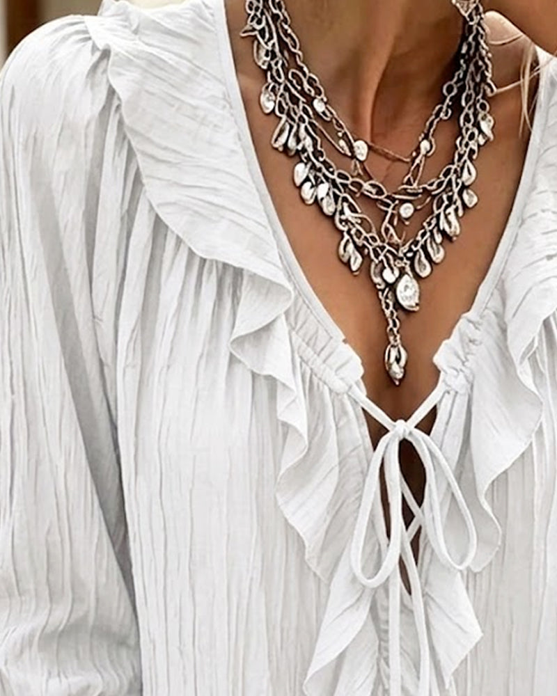 Ruffle Trim Lace-Up Long Sleeve Blouse