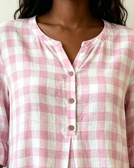 V-Neck Button Front Checkered Ruffle Blouse