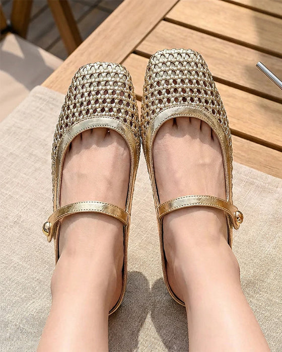Square Toe Woven Hollow Shoes