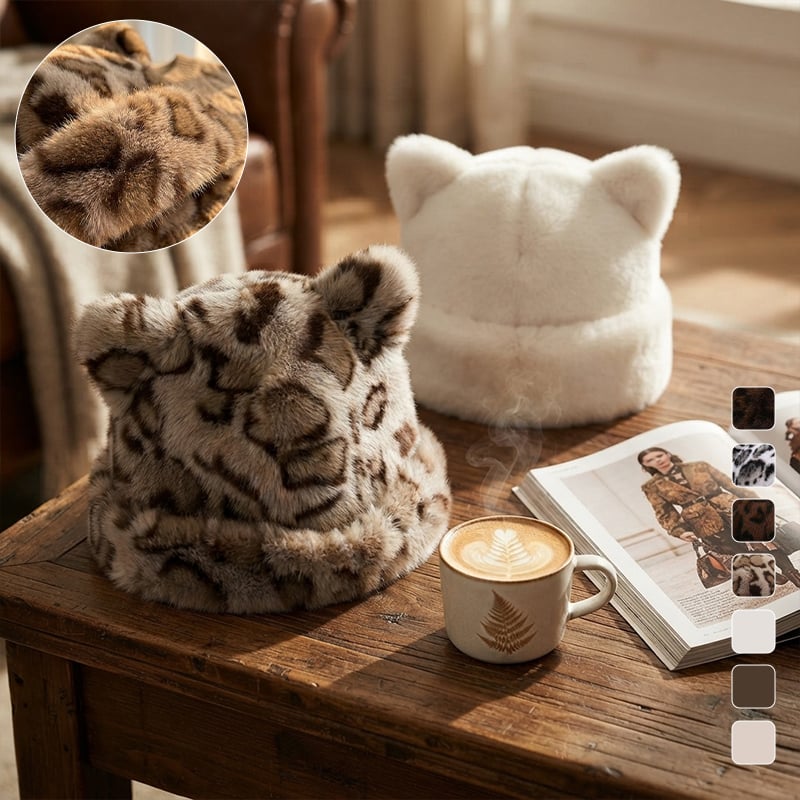 Leopard Print Plush Cat Ear Hat