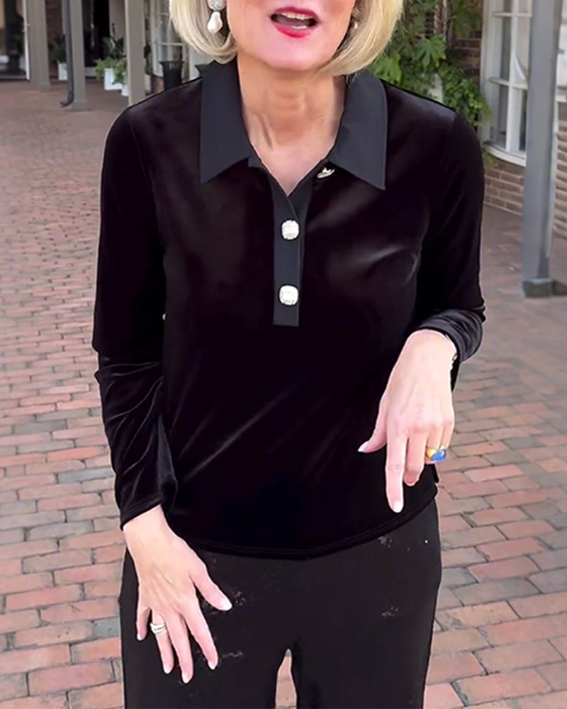 Elegant Solid Color Long-Sleeved Velvet Blouse