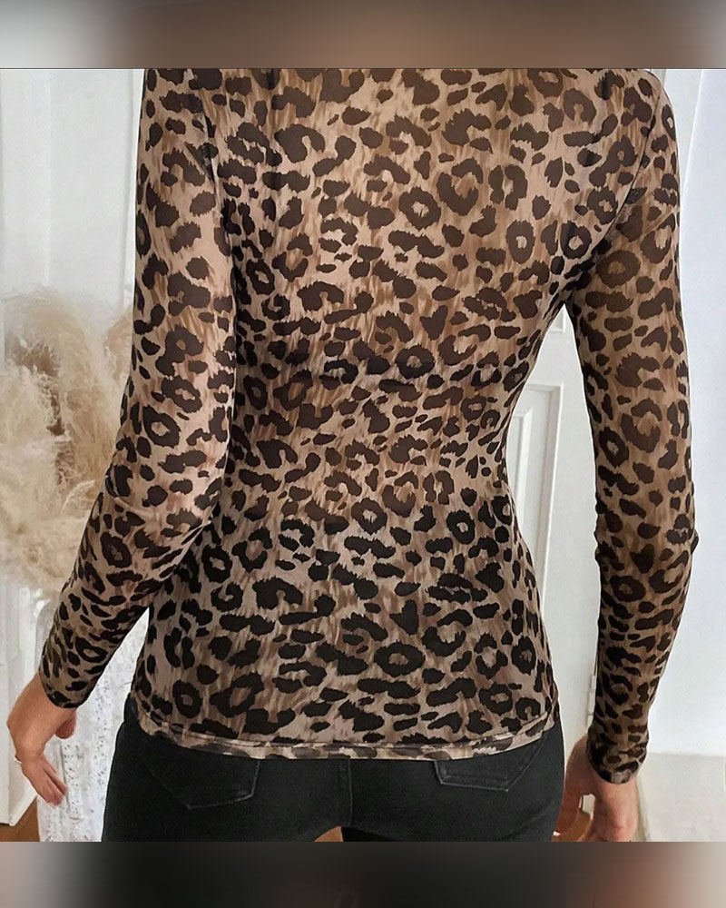 Leopard Print Crew Neck Long Sleeve Top