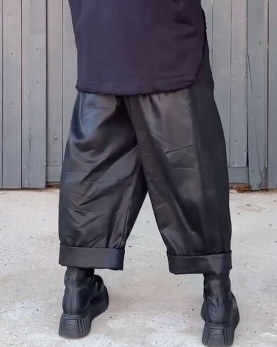 High Waist Wide Leg Rolled Hem Pants