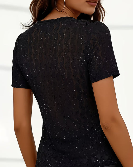 V-Neck Cross Sequin Slim-Fit T-Shirts