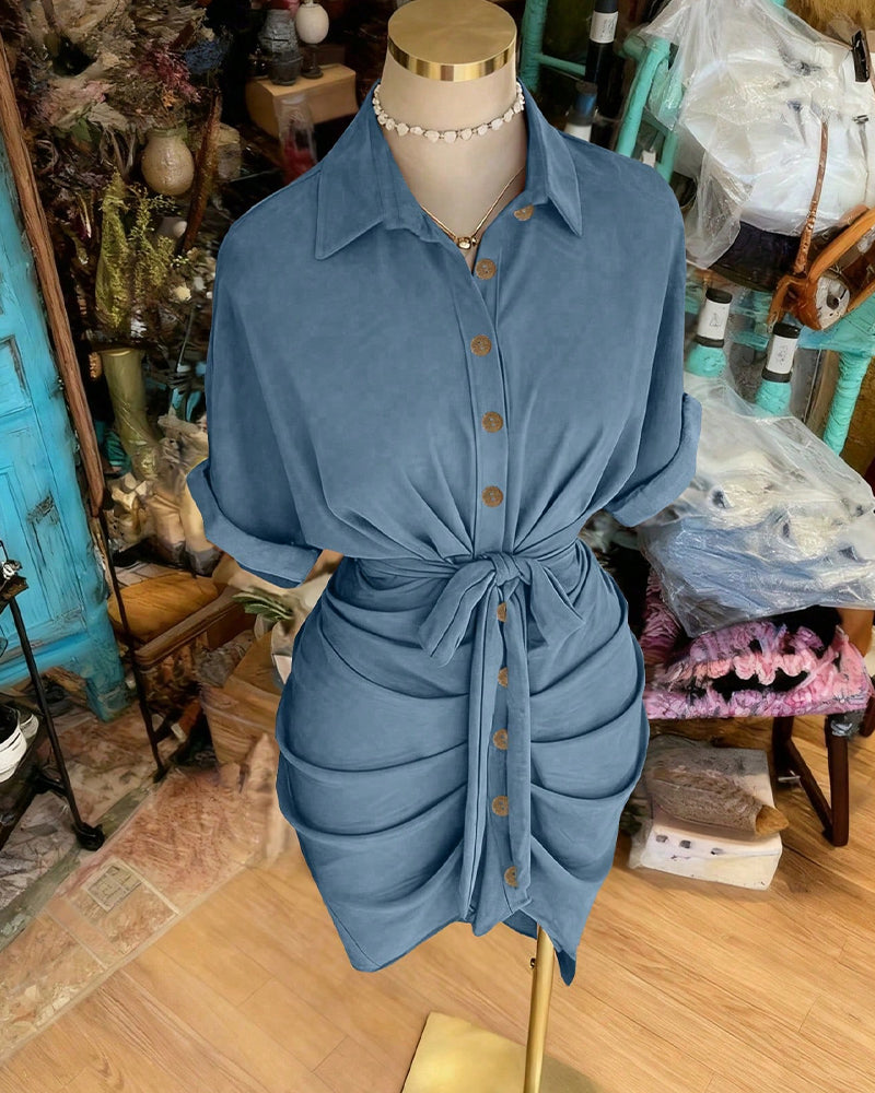 Tie Button Pleated Shirt Collar Dress