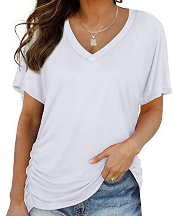 Pleated Solid Color V-Neck T-Shirt