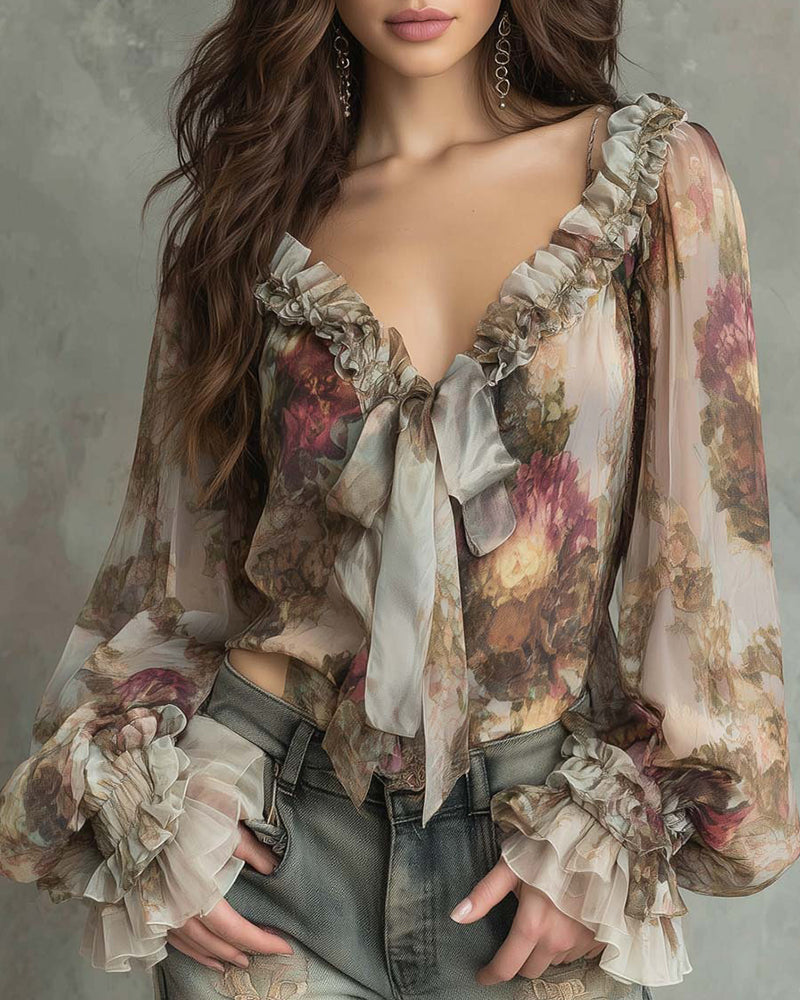 Lotus-Print Elegant Blouse