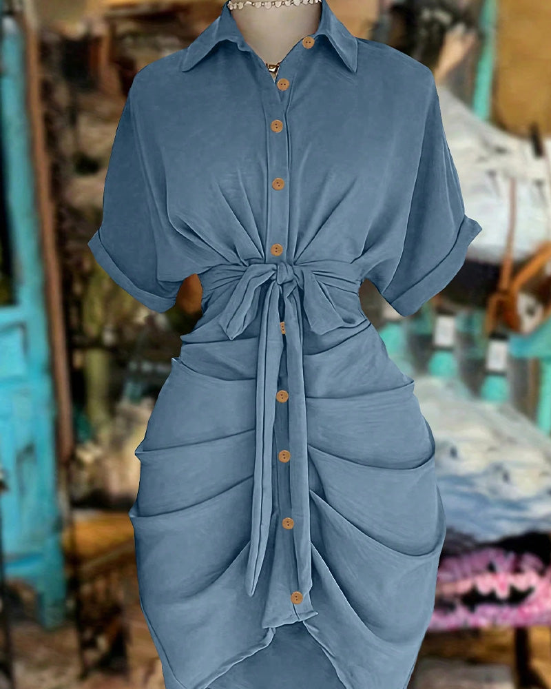 Tie Button Pleated Shirt Collar Dress
