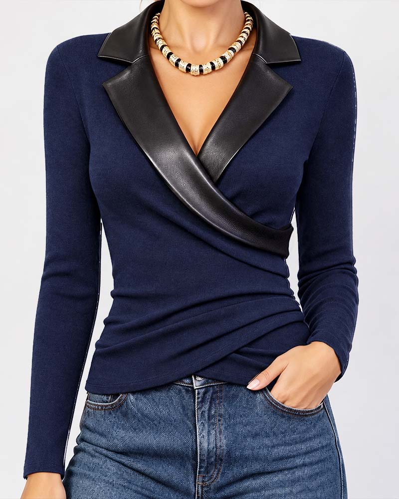 PU Lapel Cross Long Sleeve Top