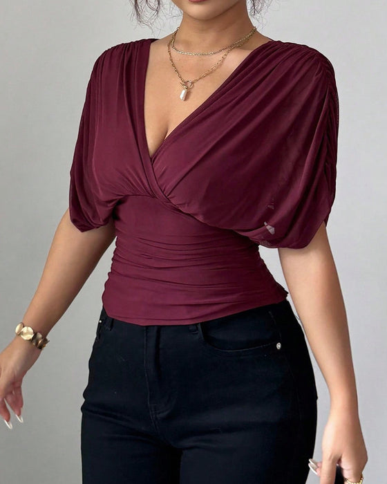 Solid Color Deep V-Nee Waist Short Sleeve Blouse