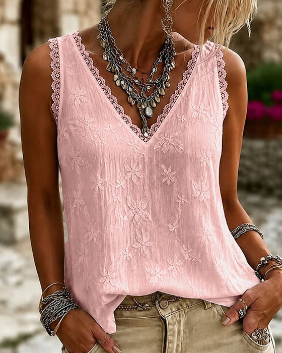 V-Neck Solid Color Lace Tank Top