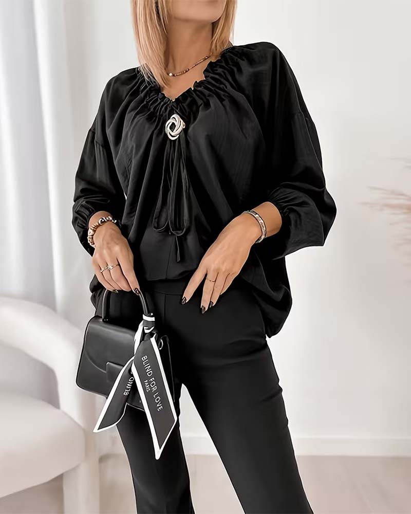 V-Neck Solid Color Blouse